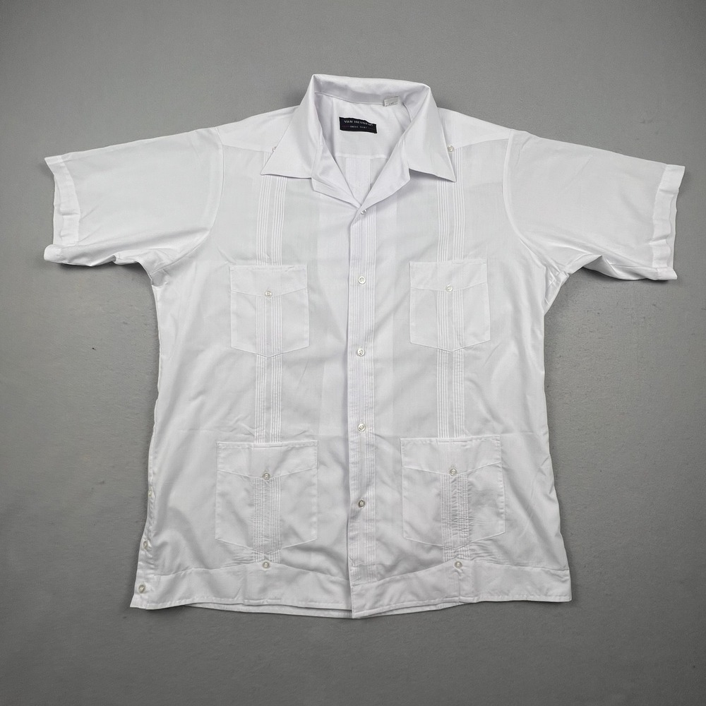 Van Heusen Guayabera Shirt Mens 17‎ White Short Sleeve Pintuck Pleated Casual XL